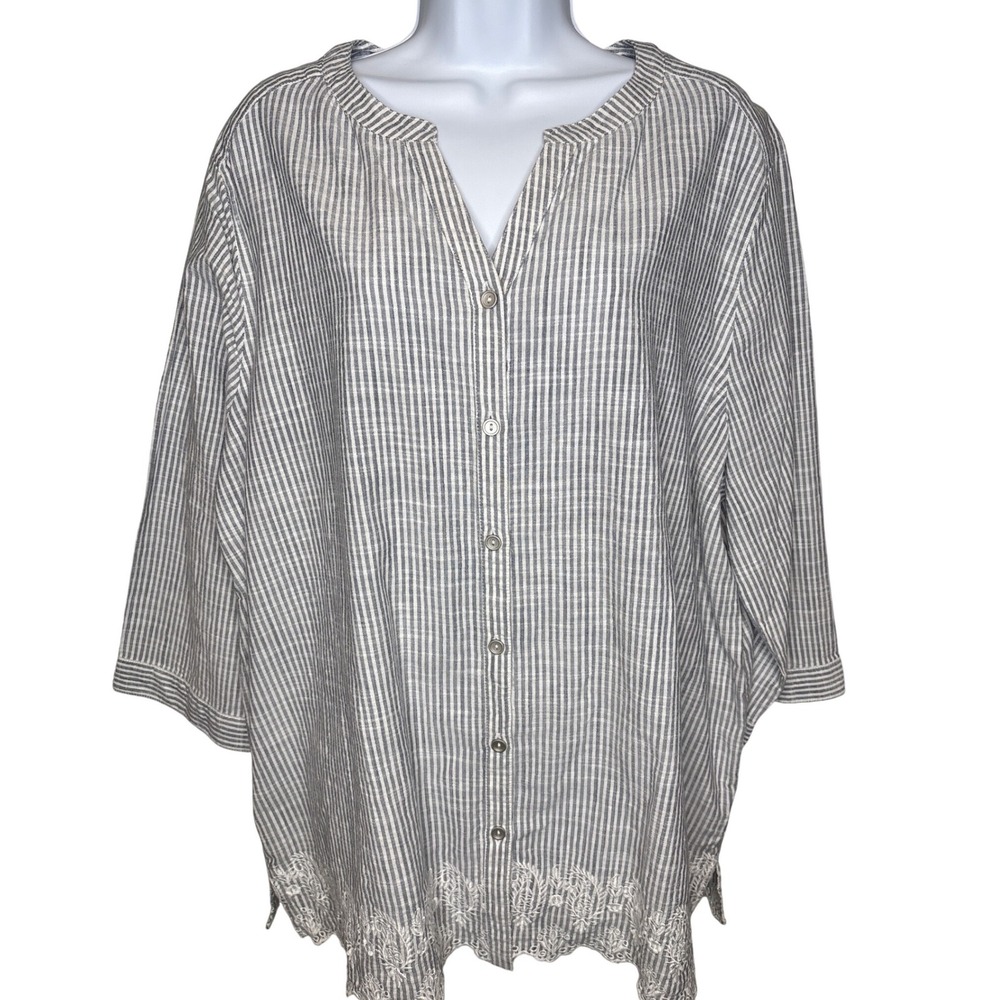 Chicos Womens Blue White Stripe Button Front Blouse Eyelet Hem Sz 3/XL Nautical